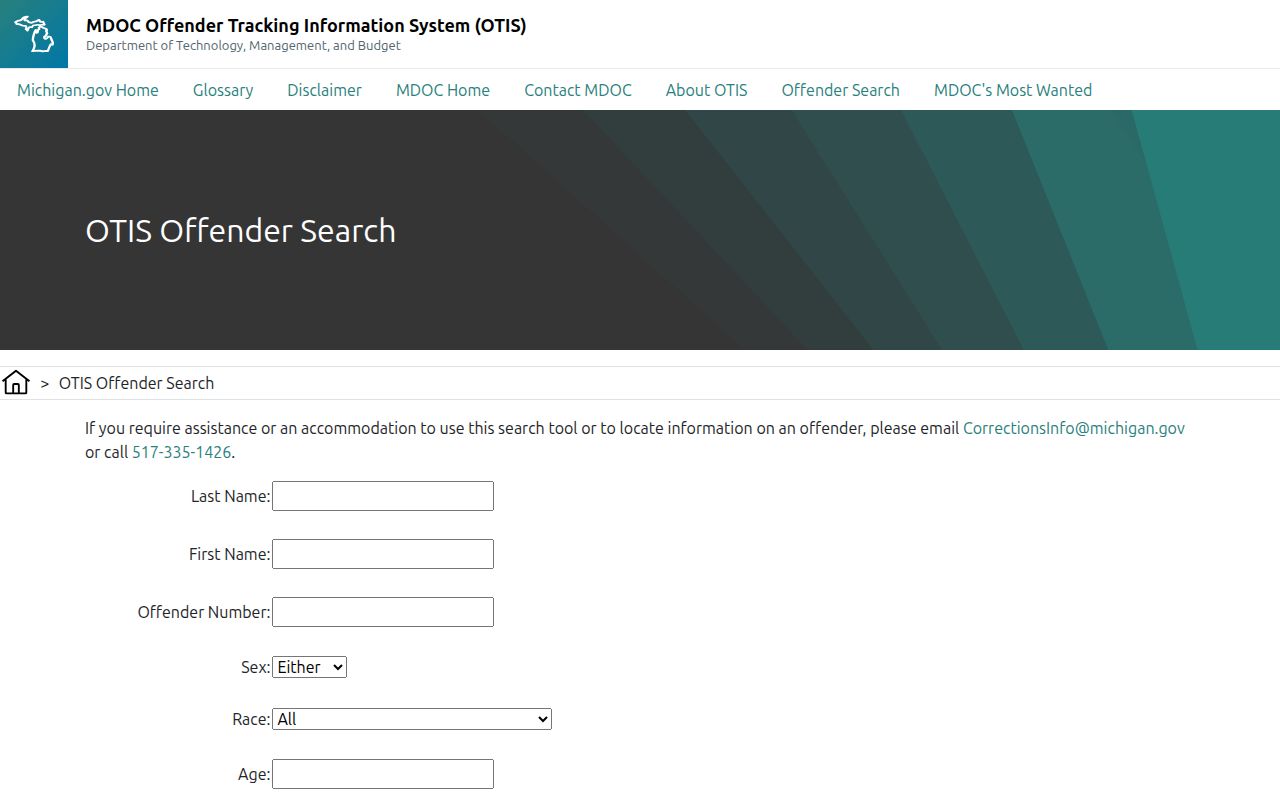 Michigan OTIS fields for Cheboygan County released inmate search